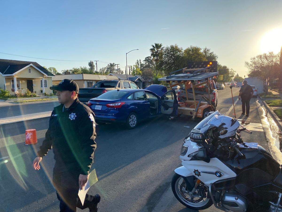 A construction worker was injured while on foot in Fresno when a car struck him around 7:30 a.m. Wednesday, March 23, 2022, on Shields Avenue near Palm Avenue, according to police.