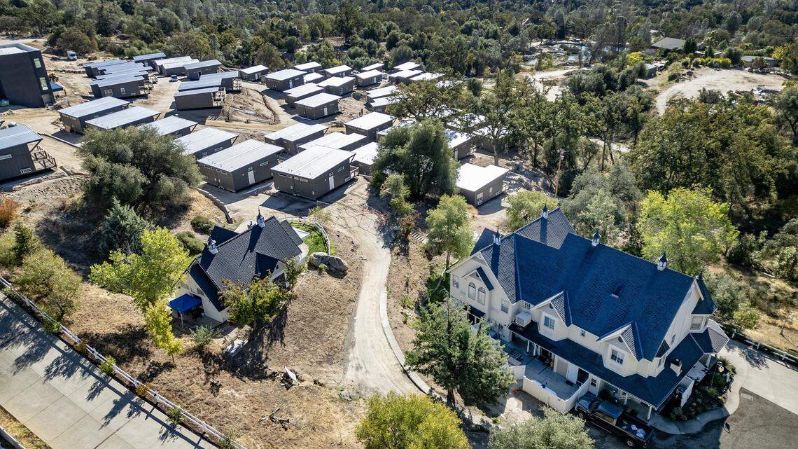 Outbound Yosemite's cabins cover the hillside near the Hounds Tooth Inn on Highway 41 in Oakhurst. The Hounds Tooth has been closed but will reopen as part of the long-anticipated Outbound Yosemite conference center and resort.