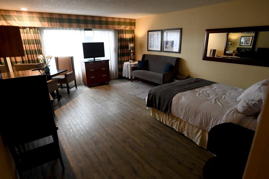 A bedroom at the Crossroads Village, the former Smugglers Inn, which celebrated its grand opening, March 19, 2021, as a newly renovated 165-unit housing project providing immediate, affordable housing for local individuals and families experiencing homelessness.