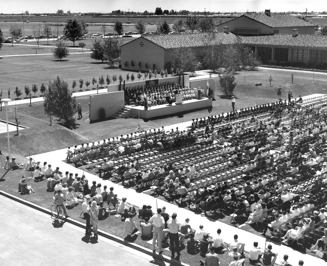 Undated Fresno State photo of an early graduation ceremony when the amphitheater was new. It was built in 1962; dedicated in ’63.