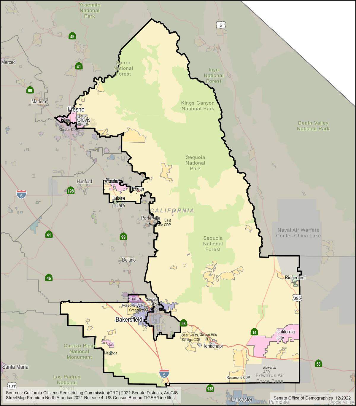 Senate District 12, which includes foothill communities across Fresno, Kern and Tulare counties, as well as most of the cities of Visalia and Bakersfield.