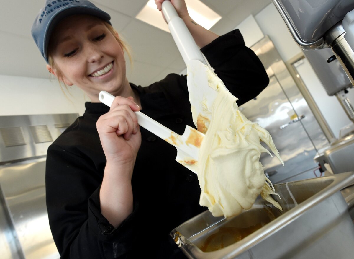 Amelia Bennett, co-owner of Ampersand ice cream shop, makes whiskey caramel swirl ice cream at the company’s new location at Herndon and Marks avenues in northwest Fresno on Monday morning, Feb. 11, 2019.