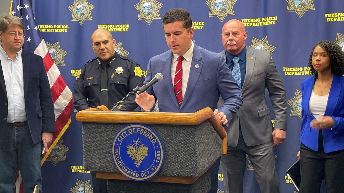 Fresno City Council President Tyler Maxwell on Tuesday, Feb. 21, 2023, announces he will propose legislation to make it illegal to possess a detached catalytic converter without proof of ownership.