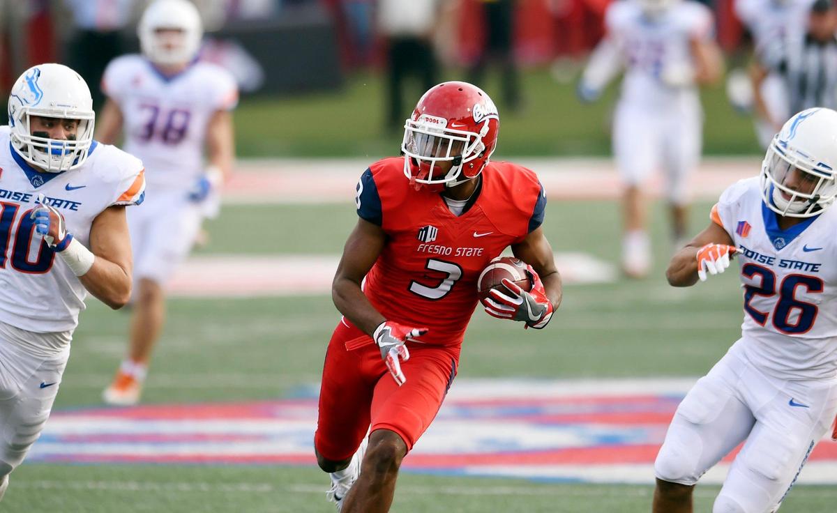 Fresno State wideout KeeSean Johnson, center, caught 77 passes for 1,013 yards and eight touchdowns last season. With Johnson, Jamire Jordan and Derrion Grim, the Bulldogs have three of their top four receivers returning in 2018, add Oklahoma transfer Michiah Quick and have Delvon Hardaway back for a sixth season.