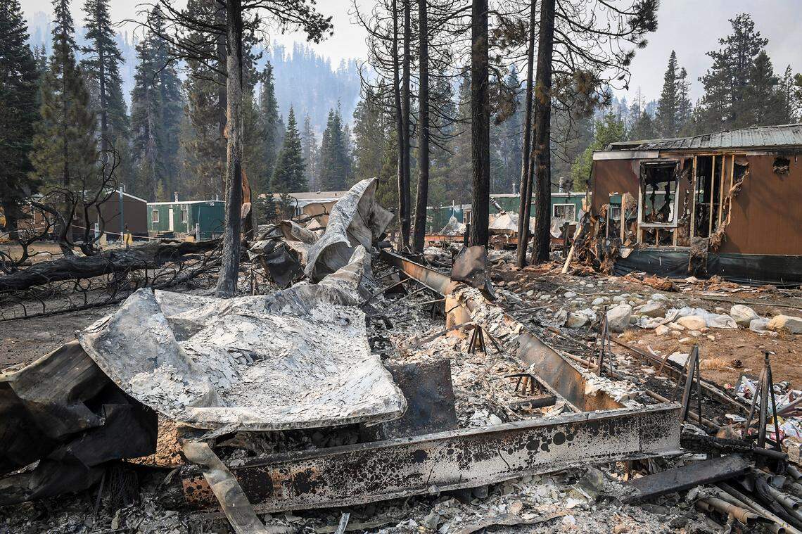 Structures toward the back side parking lot at China Peak ski area are shown burned from the Creek Fire but many others were shown to have been spared, on Sunday, Sept. 13, 2020.