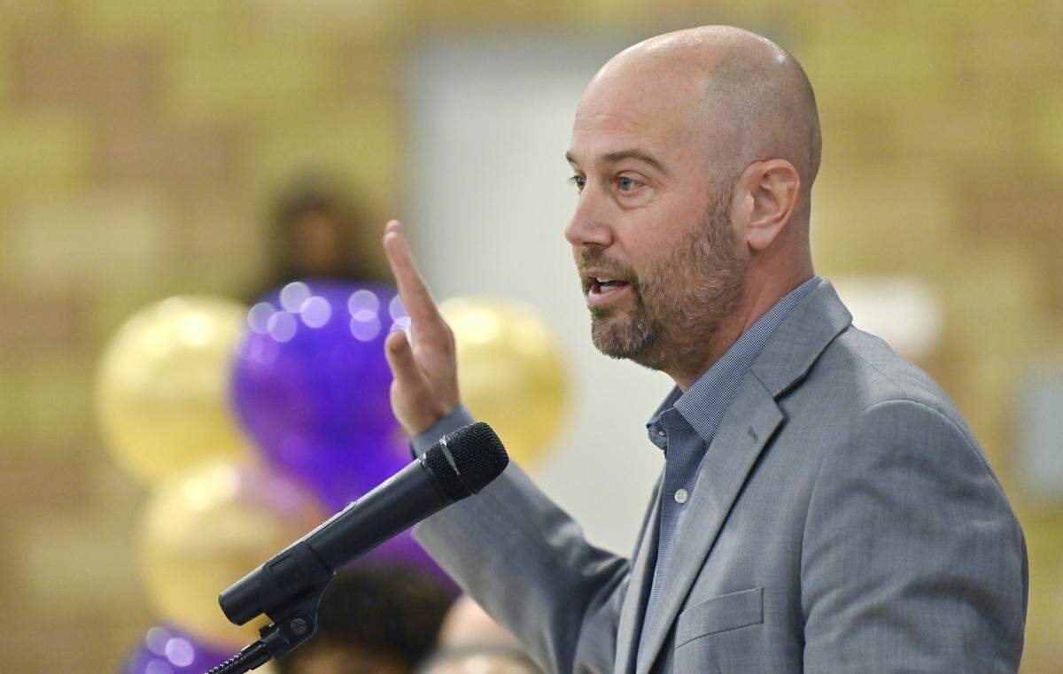 Fresno Unified board trustee Andy Levine speaks during a ribbon-cutting ceremony for Fresno High's new auxiliary gym Thursday, Feb. 5, 2026 in Fresno.