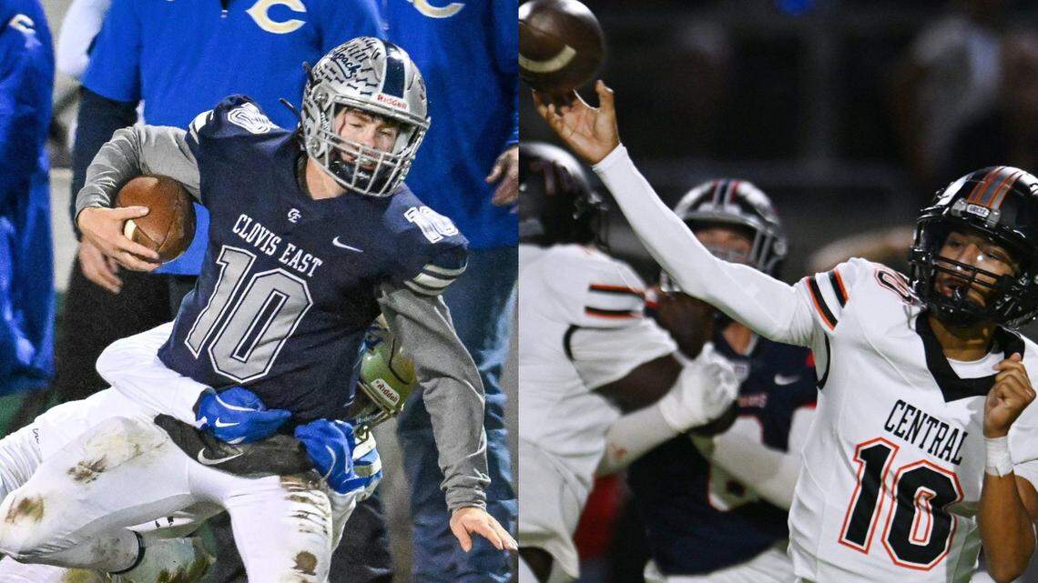 Clovis East QB Tyus Miller, left, and Central QB Jelani Dippel, right.