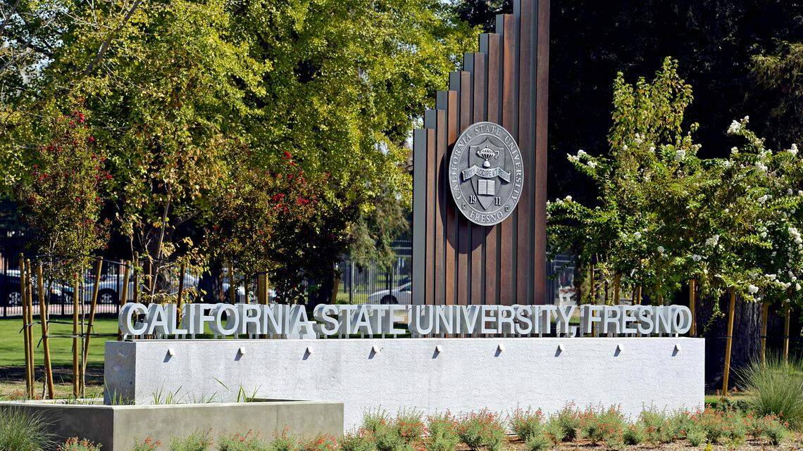 The Fresno State gateway sign is seen on the corner of the main campus at Cedar and shaw avenues.