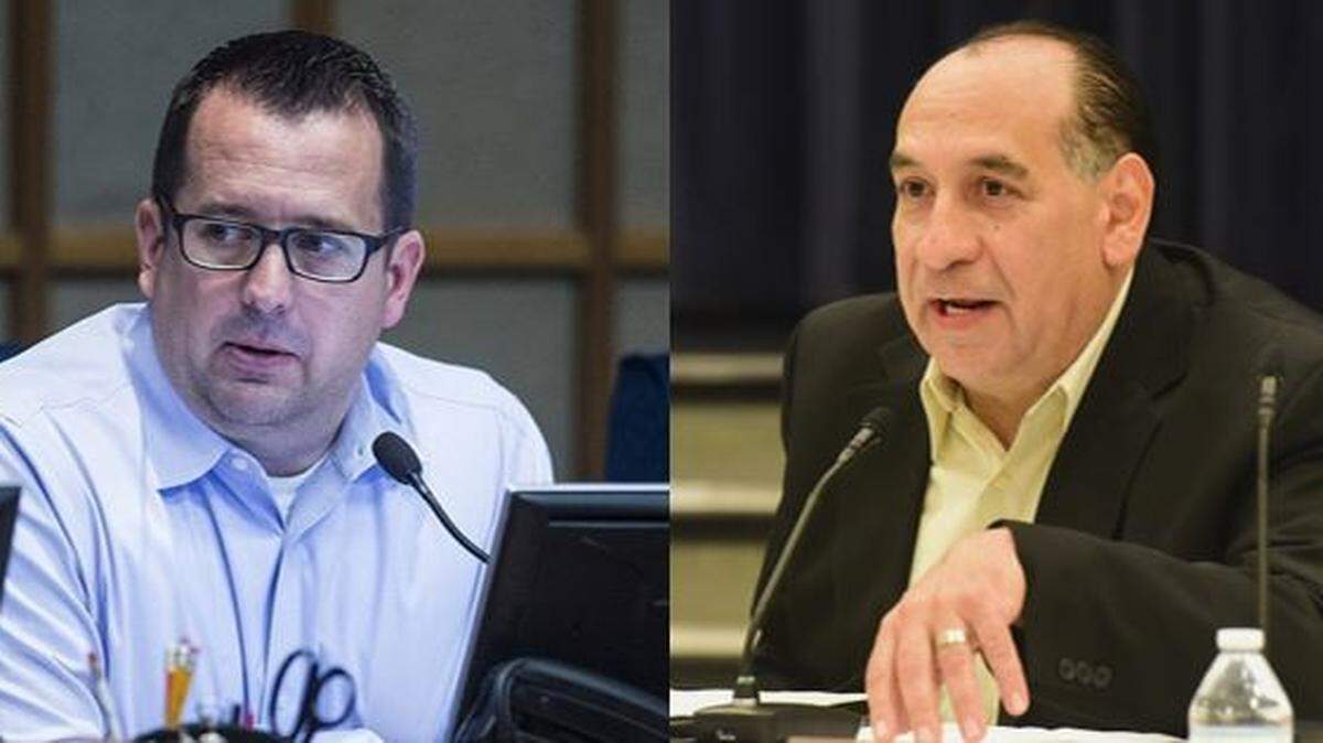 Merced Mayor Mike Murphy, left, and Councilman Fernando Echevarria.