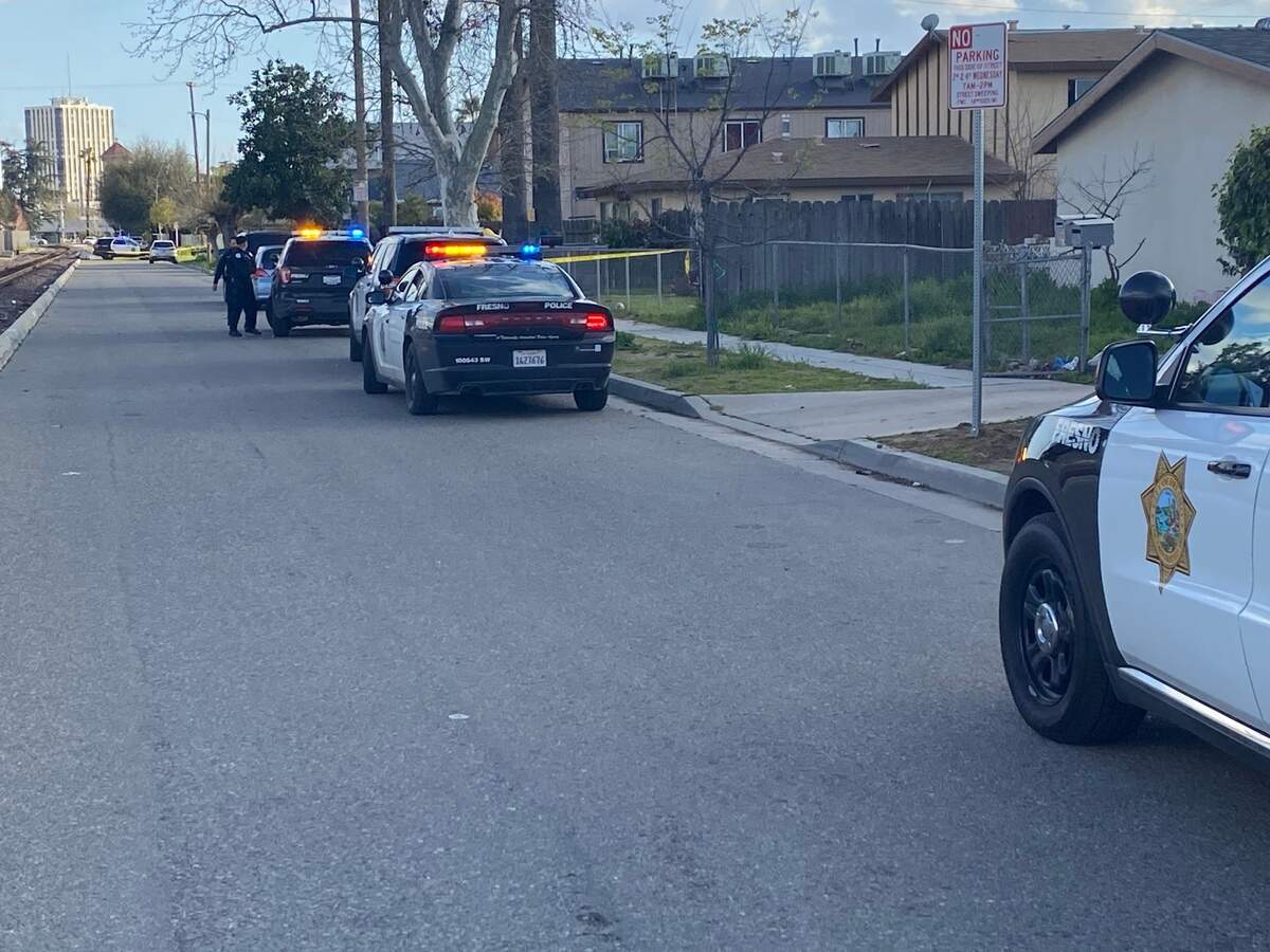 Police investigate a shooting near downtown Fresno, California on Thursday, March 23, 2025.