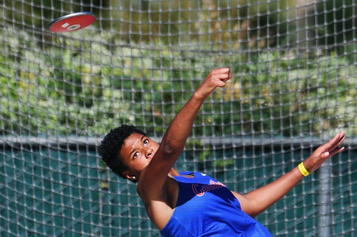 Nailea Fields from Caruthers throws her second time in the Girls Discus at the CIF State Track and Field Championship finals Saturday, May 28, 2022 in Clovis.