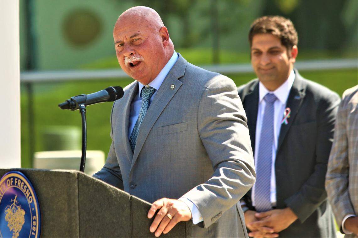 Fresno Mayor Jerry Dyer spoke during the Mexican Independence Day ceremony where the Mexican flag was raised at Fresno City Hall on Sept. 15, 2023.