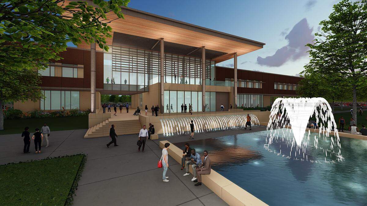 An architectural rendering of plans for Fresno City College’s West Campus front entrance and fountain. The campus is projected to be fully operational by spring 2024, although the pandemic has put the project behind schedule.