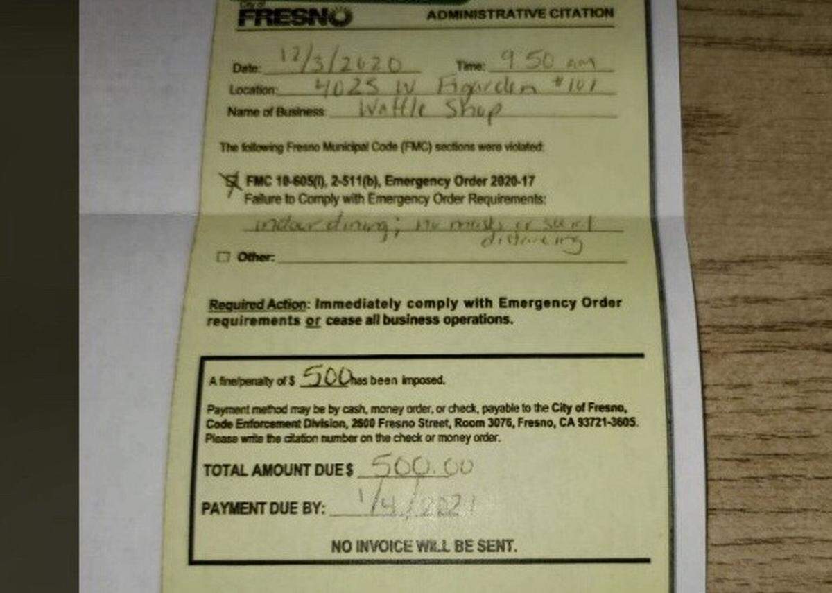 Portion of a $500 citation from the city of Fresno, dated Dec. 3, 2020, that was mailed to the Waffle Shop at 4025 W. Figarden Drive reporting “indoor dining; no masks or social distancing” at the restaurant in northwest Fresno.