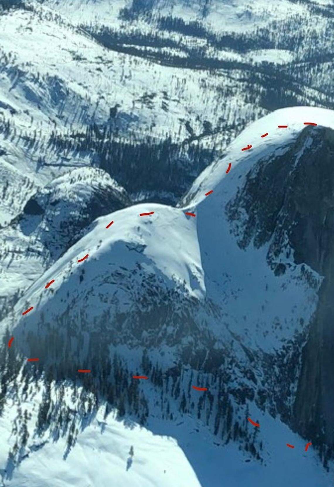 Jason Torlano and Zach Milligan’s descent down Half Dome on Feb. 21, 2021. They continued skiing thousands of feet further, ending in Yosemite Valley by way of Half Dome’s “death slabs.”