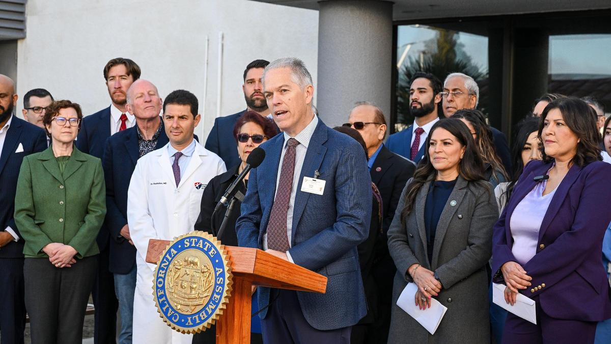 Madera Community Hospital CEO Steve Stark speaks during a press conference for the reopening of the hospital in Madera on Tuesday, March 18 2025.