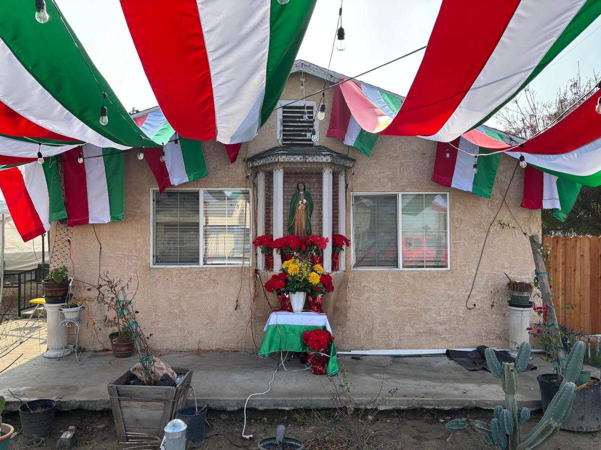 A home in Parlier dedicates a shrine to La Virgen de Guadalupe photographed on December 6, 2024. More than a third of the agricultural city’s residents are immigrants; 98% of the residents are Latino, according to U.S. Census data.
