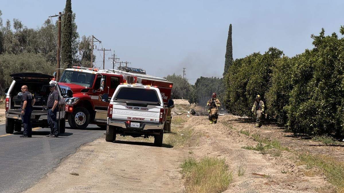 Fire crews in Tulare County were at the scene after plane crashed near an orchard in Woodlake on Saturday, May 23, 2026. One person died.