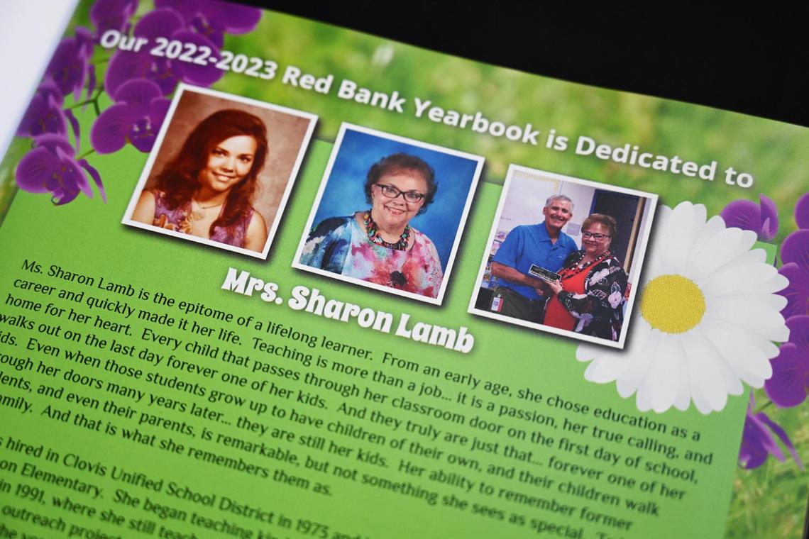 Sharon Lamb, a Clovis Unified teacher for 50 years and current kindergarten teacher at Red Bank Elementary, was honored with a special dedication in the school’s yearbook during a surprise presentation on Friday, June 2, 2023.