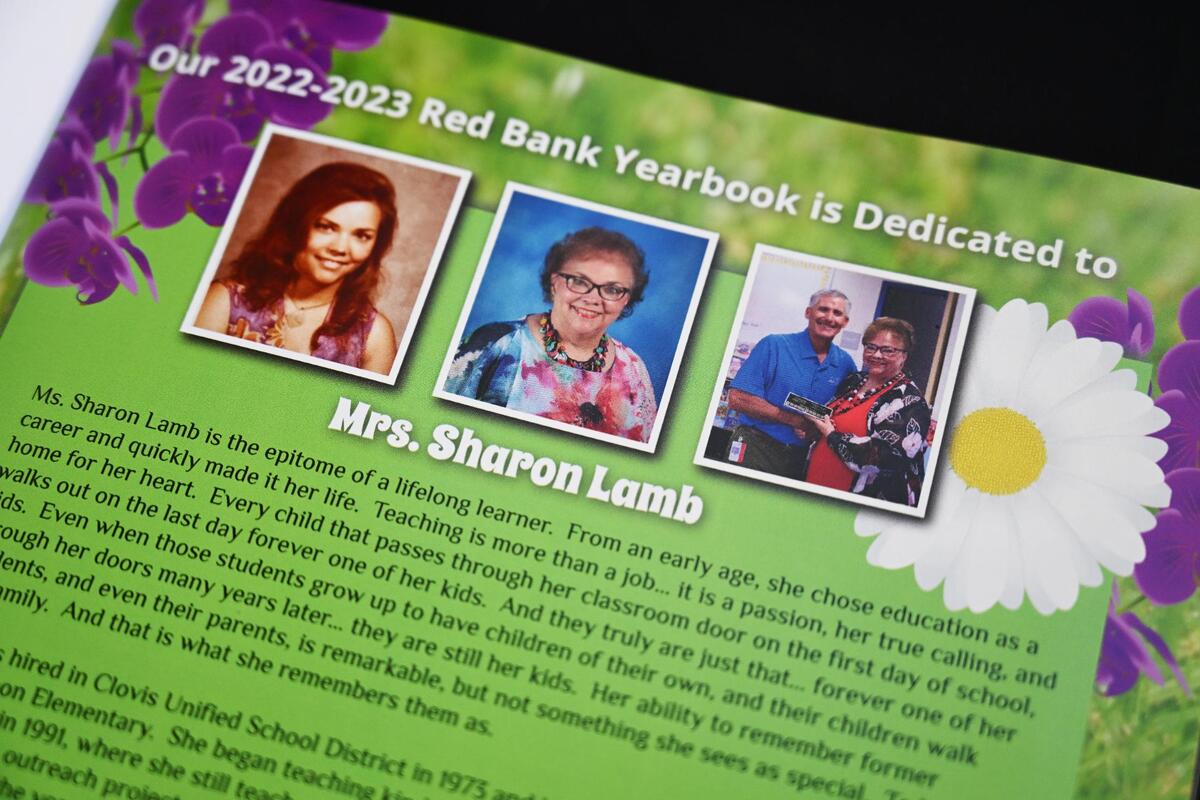 Sharon Lamb, a Clovis Unified teacher for 50 years and current kindergarten teacher at Red Bank Elementary, was honored with a special dedication in the school’s yearbook during a surprise presentation on Friday, June 2, 2023.
