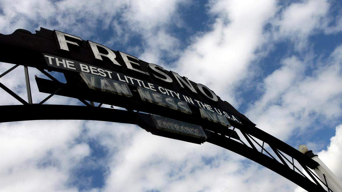 The iconic gateway arch greeting travelers to Fresno, the “best little city in the U.S.A.,” spans the roadway at 2208 S. Van Ness Ave.