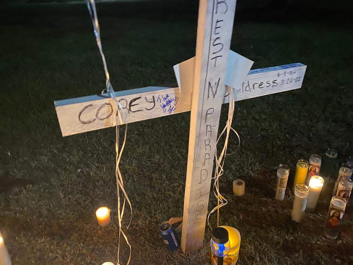 A memorial for homicide victim Corey Childress remained up March 22, 2022, from the previous night in Tollhouse Park in Fresno within walking distance of where he was killed.