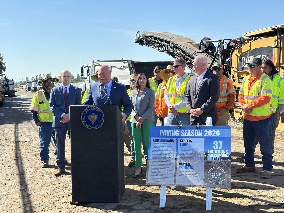 Fresno Mayor Jerry Dyer speaks about the city’s Pave More Now program during a news conference on Santa Fe Avenue on Wednesday, May 20, 2026.