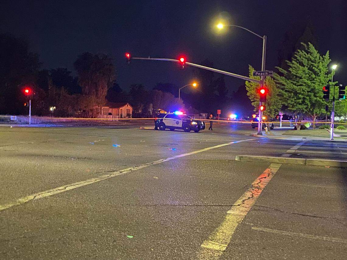 Deputies investigate where two men were shot near Peach and Belmont avenues on Thursday, April 28, 2022, according to the Fresno County Sheriff’s Office.