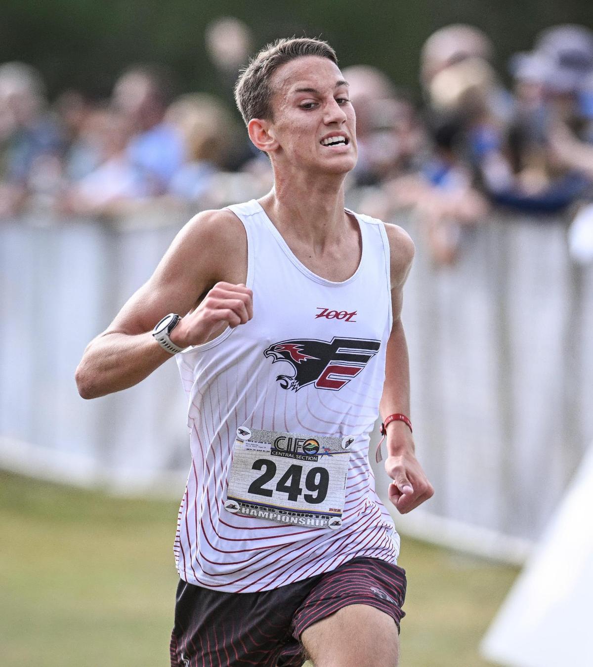 Blake Bay of Fresno Christian takes first place in the Central Section boys Division 5 championship cross country race at Woodward Park on Thursday, Nov. 16, 2023.