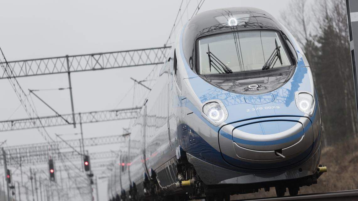 A high-speed Avelia Pendolino trainset built by French multinational company Alstom SA rolls on tracks in Poland. Alstom is one of several companies that have expressed interest in building new high-speed trains for the California High-Speed Rail Authority.