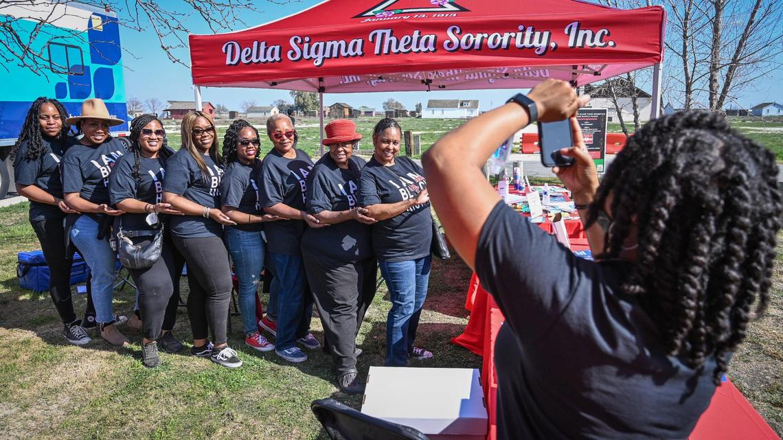 Members of Delta Sigma Theta Sorority gather for a photo while attending the 46th Annual Black History Festival at Colonel Allensworth State Historic Park in southwest Tulare County on Saturday, Feb. 12, 2022.
