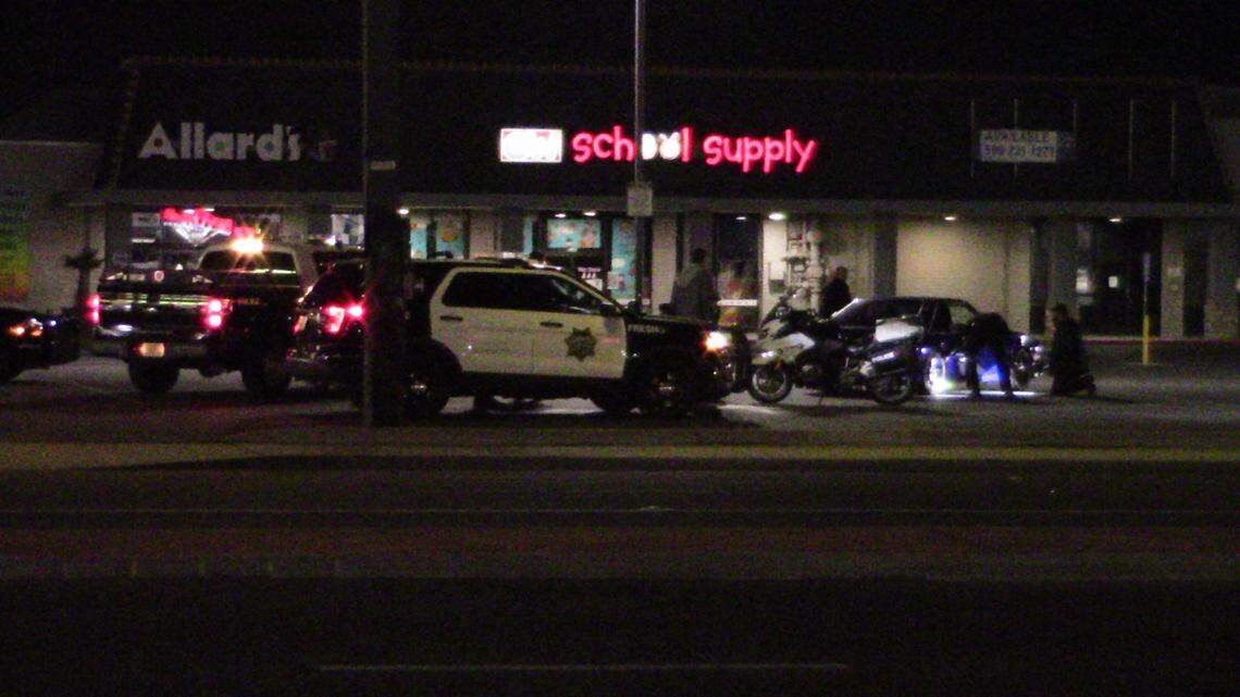 Local law enforcement were patrolling for street racers in Fresno, California on Saturday, Feb. 20, 2021. Officers were inspecting the vehicle’s tires.