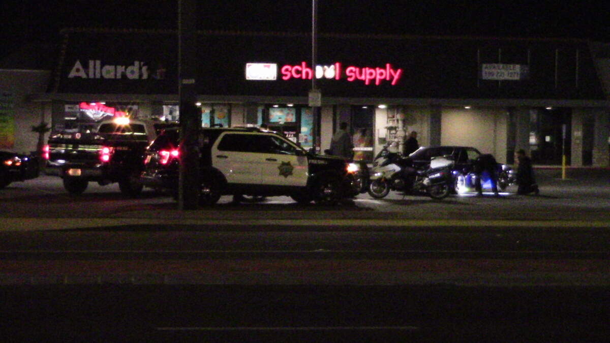Local law enforcement were patrolling for street racers in Fresno, California on Saturday, Feb. 20, 2021. Officers were inspecting the vehicle’s tires.