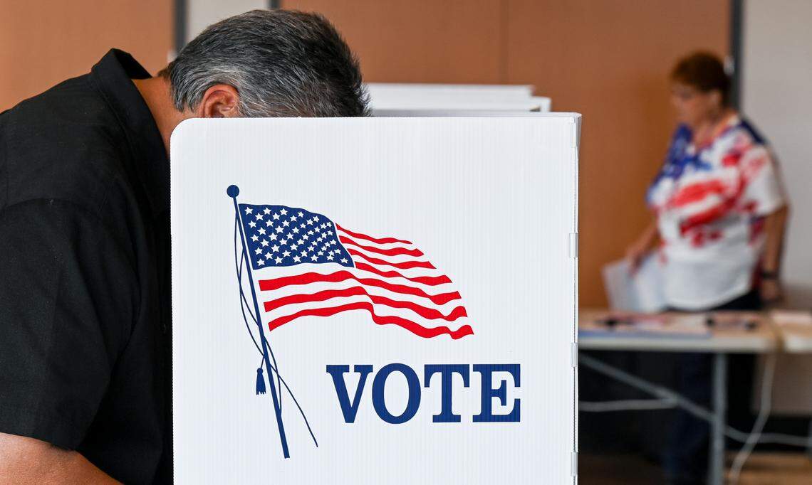 A voter marks his ballot at the Clovis Transit Center, a new permanent polling place that replaces its former location at Clovis City Hall, on Election Day, Tuesday, Nov. 5, 2024. 