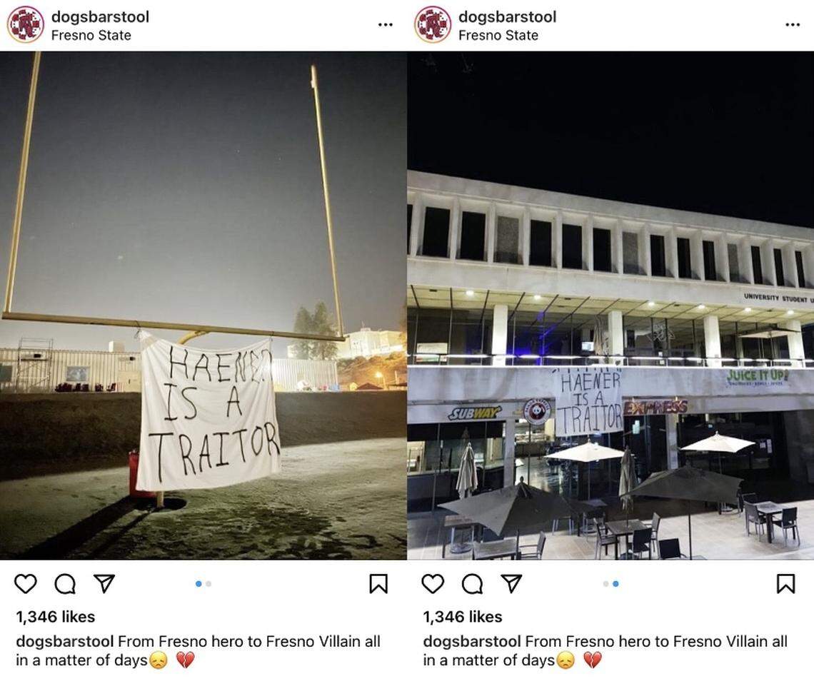 Fresno State fans hang “Haener is a traitor” signs off the student union and a Bulldogs practice goalpost, as documented by the dogsbarstool Instagram account.