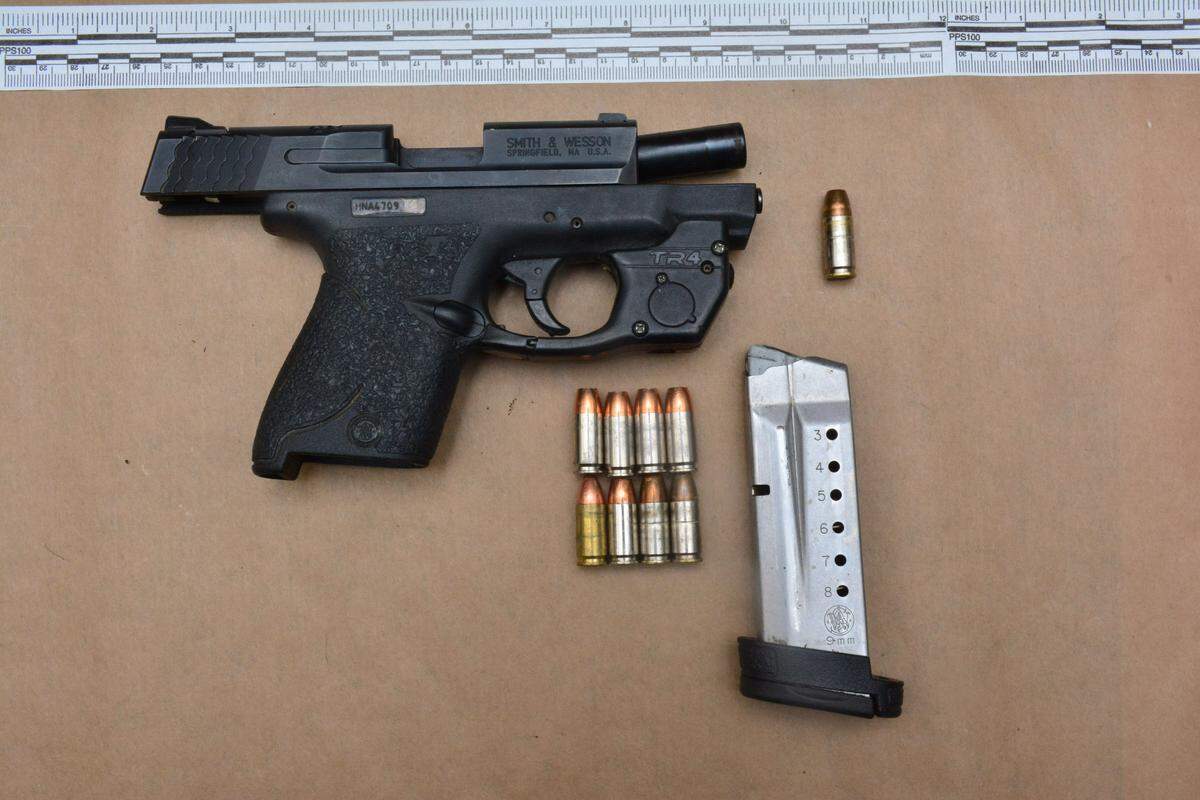 A Smith & Wesson Shield 9 mm handgun was taken from a man identified as a Villa Posse gang member after a traffic stop in southwest Fresno.