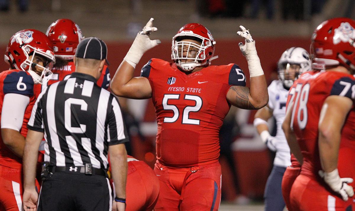 Fresno State sophomore Netane Muti is one of three returning starters on the Bulldogs’ offensive line. Muti, who started all 14 games last season at left guard, has moved outside to left tackle.