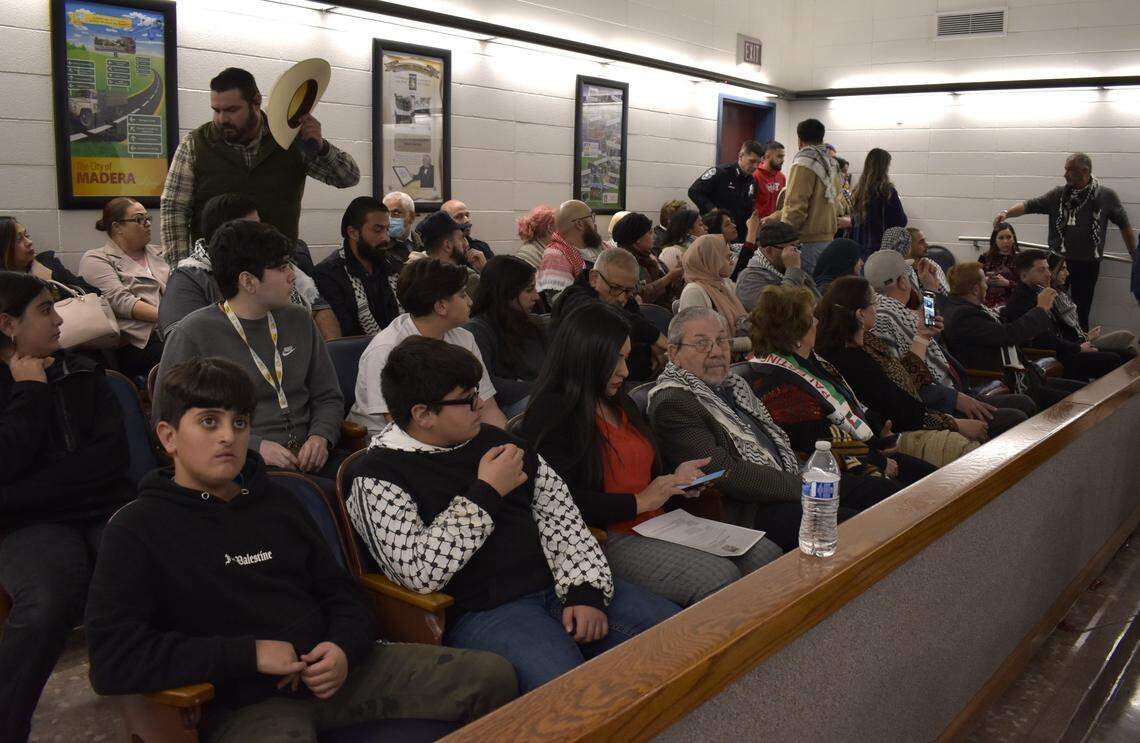 Adult and youth members of the local Palestinian and Muslim communities pack the Madera City Council chambers during a special meeting to approve a Gaza ceasefire resolution Wednesday, Feb. 14.