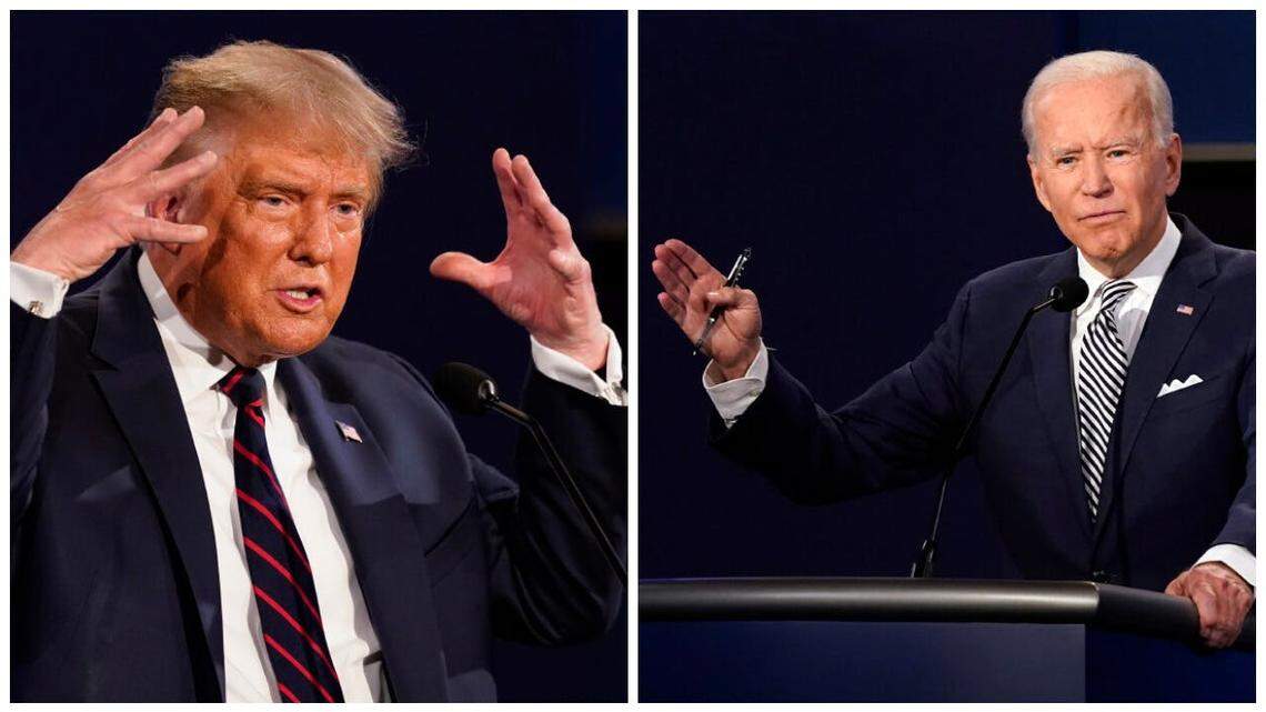 Republican President Donald Trump, left, and former Democratic Vice President Joe Biden verbally joust during their presidential debate in Cleveland in September 2020.