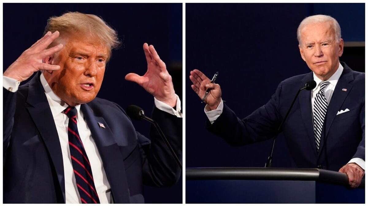 Republican President Donald Trump, left, and former Democratic Vice President Joe Biden verbally joust during their presidential debate in Cleveland in September 2020.