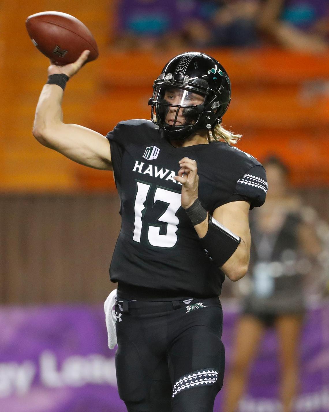 Hawaii quarterback Cole McDonald (13) has thrown 29 touchdown passes and only three interceptions this season and is second in the Mountain West Conference with a passing efficiency rating of 160.54. The Fresno State Bulldogs host the Rainbow Warriors in their Homecoming game Saturday Oct. 27, 2018 at Bulldog Stadium.