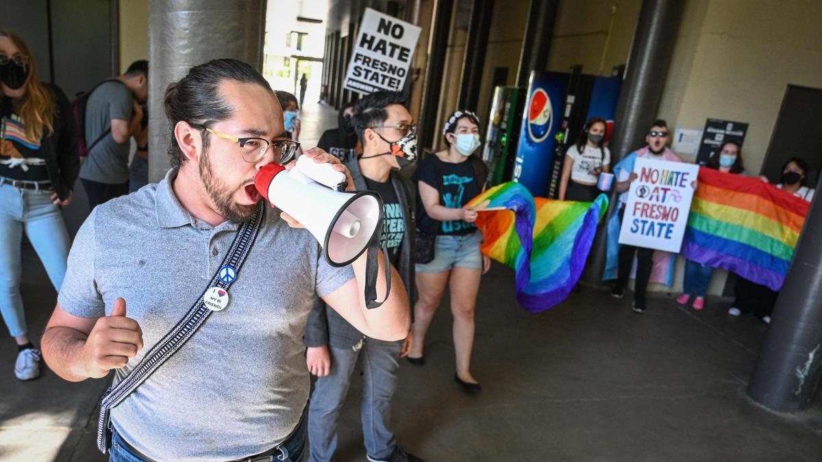 Protestors chant “No hate at Fresno State” as the Fresno State College Republicans club was gathering for their “Future of America” event featuring speakers with ties to white nationalists, at Fresno State on Friday, April 1, 2022.