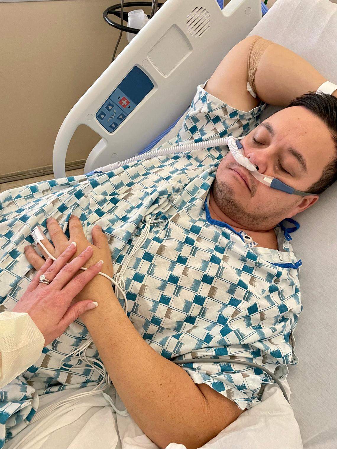 Shane Harrell getting oxygen at Community Regional Medical Center in Fresno in August, 2021. His brother and twin, Sean Harrell, was even sicker, in the intensive care unit on a ventilator.