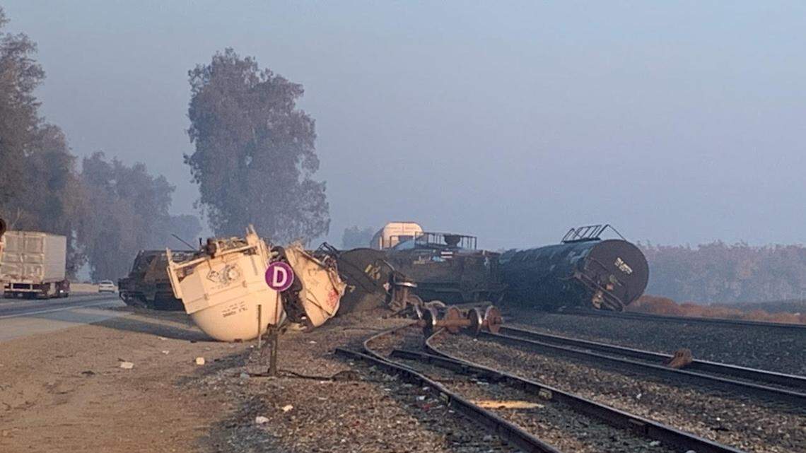A train derailment closed Highway 99 in central California on Monday, Nov. 23, 2020 just south of the Fresno and Tulare county line near Goshen.