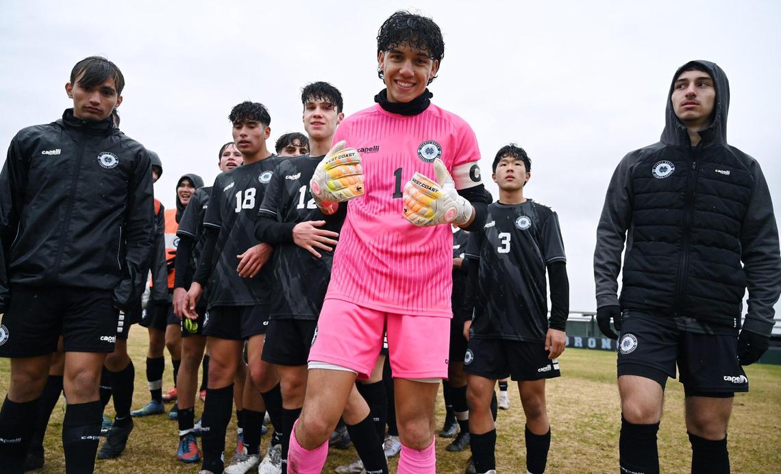 Clovis North goalkeeper Lucas Tabangcura, center, celebrates Clovis North’s 2-0 shutout of Vintage-Napa in the CIF Northern California Regional boys playoff game Tuesday, Feb. 2, 2023 in Clovis.