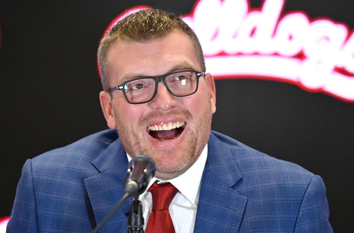 New head coach for Fresno State football Matt Entz laughs at a question from the media at a press conference Thursday, Dec. 5, 2024 in Fresno.