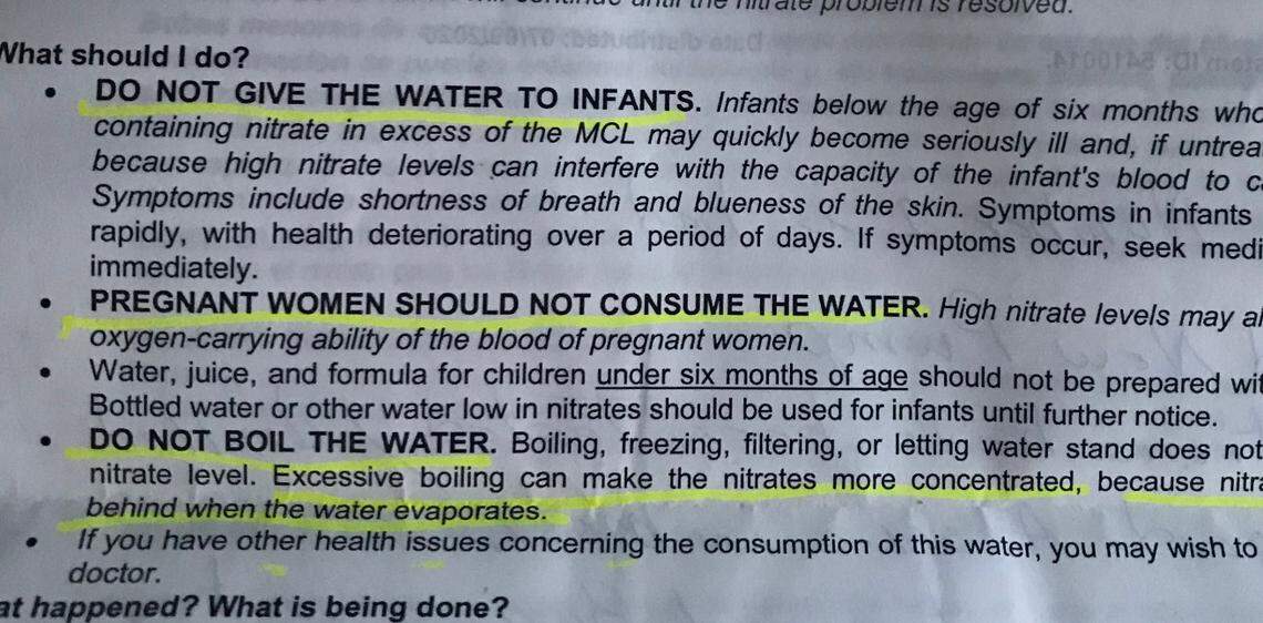 A notice given to residents in Tipton, Calif. warns of nitrate contamination.