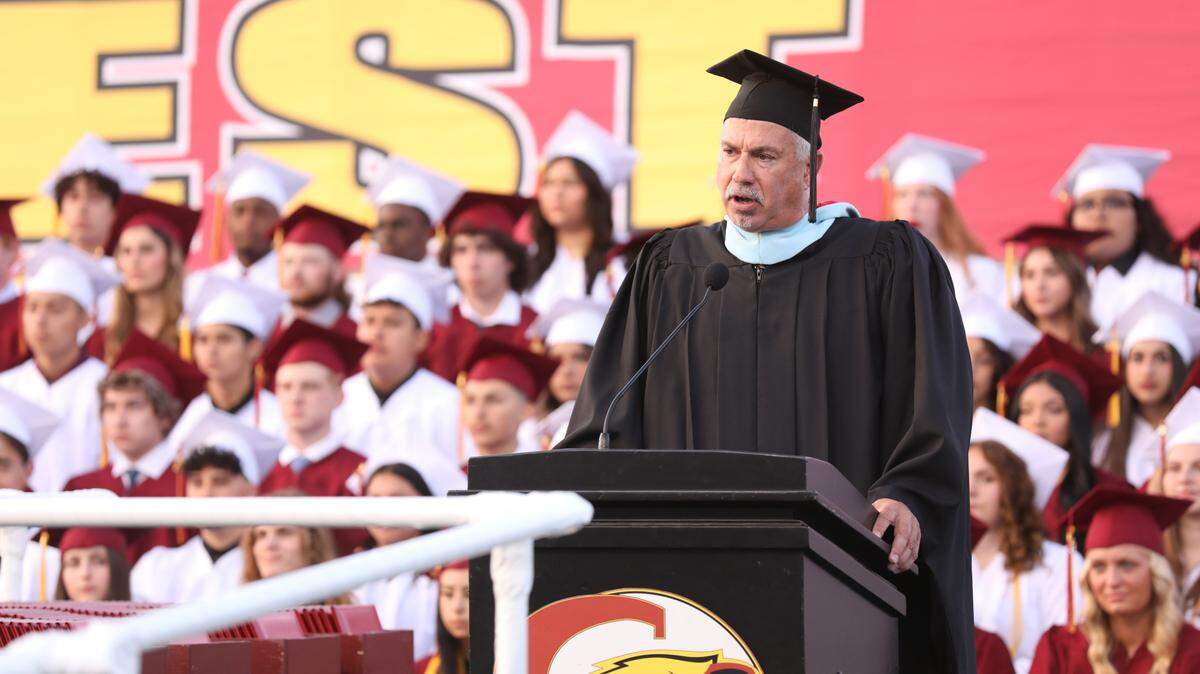 Eric Swain, then principal of Clovis West High School, speaks at the Class of 2023’s graduation ceremony at Veteran’s Memorial Stadium on May 30, 2023. Swain allegedly missed the Class of 2024’s graduation on June 5, 2024. The school district confirmed Swain requested down from his role as principal and announced it to school staff the day after graduation, on Thursday, June 6.