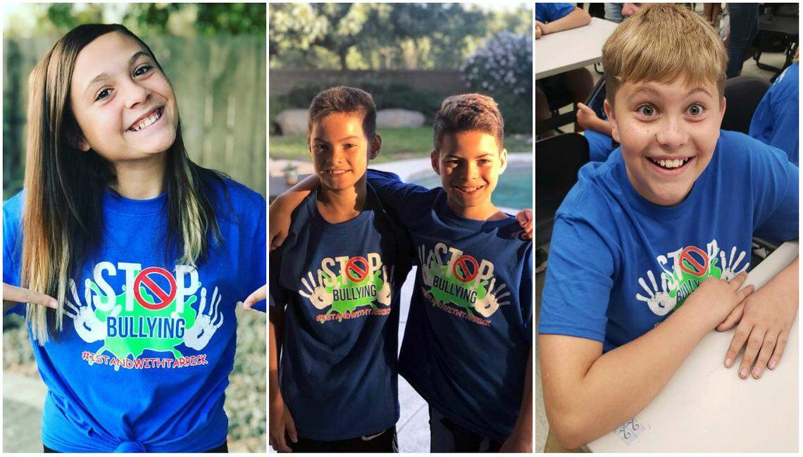 Children wearing a “Stop Bullying” T-shirt that Tarrick Walker’s parents had printed and distributed for free to students at Kings River Hardwick School in Hanford.