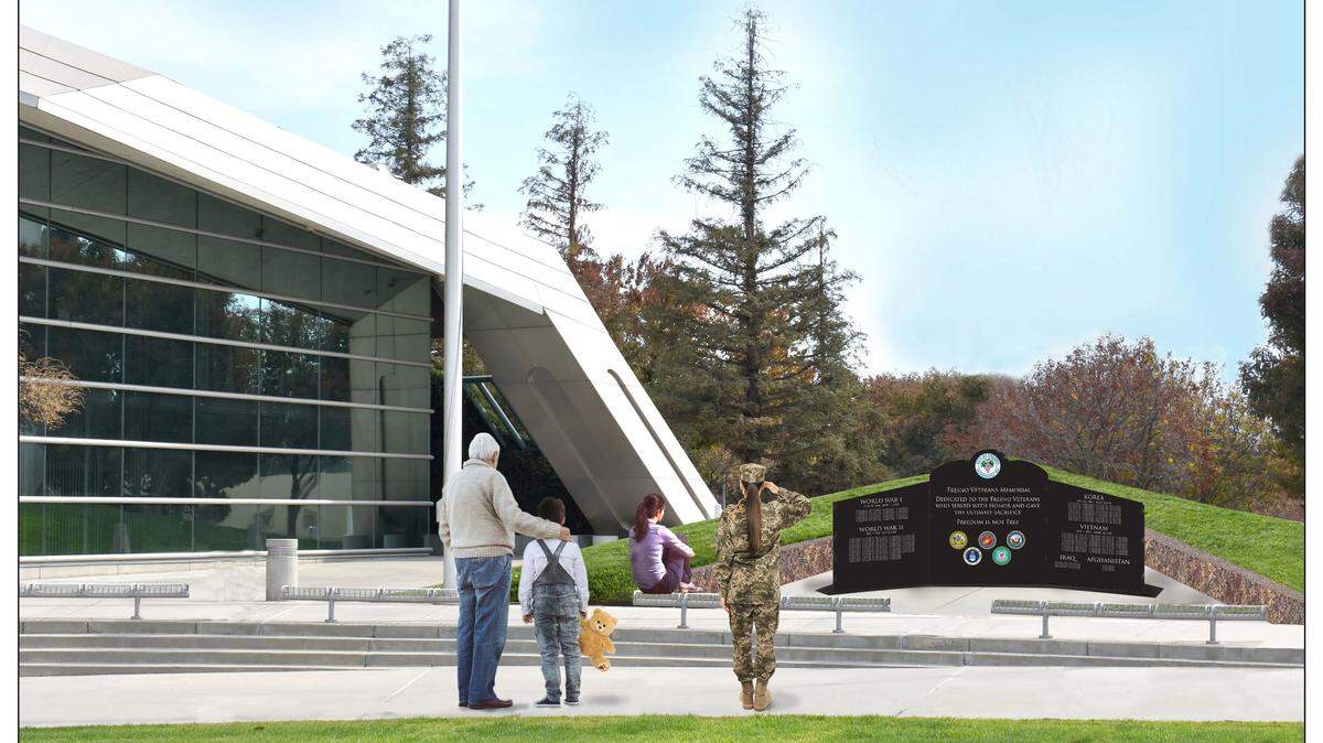 An artist rendering depicts the proposed veterans memorial at Fresno City Hall.
